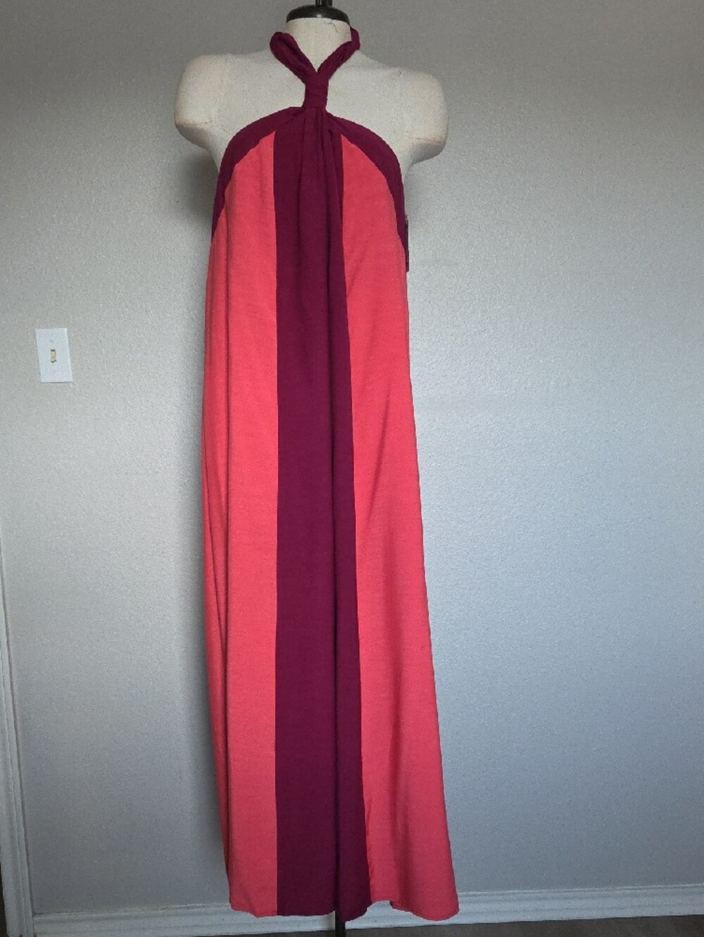 Nine West Halter Neck Colorblock Two-Tone Coral and Burgundy Maxi Dress